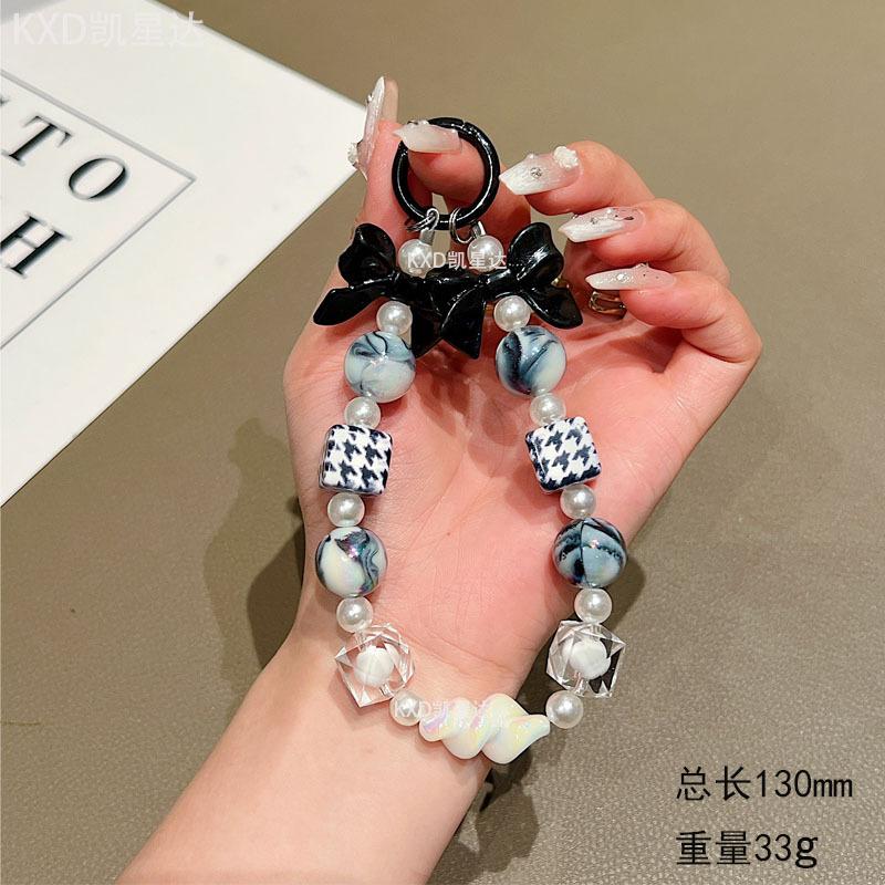 

New Ins Style Short Beaded Bowknot Wrist Strap Chain Universal Bracelet Phone Pendant for Women Black Bowknot Houndstooth