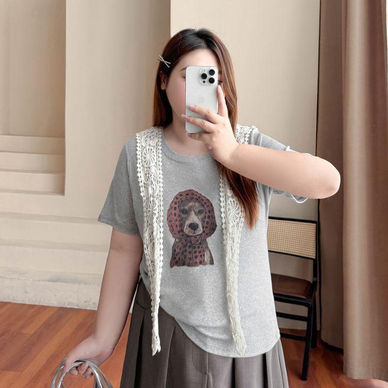 

Plus size women clothing [Cartoon Puppy T] Chubby Girl Summer round Neck Print 100.00kg Belly Covering Short sleeve T-shirt Top Melange gray 3XL