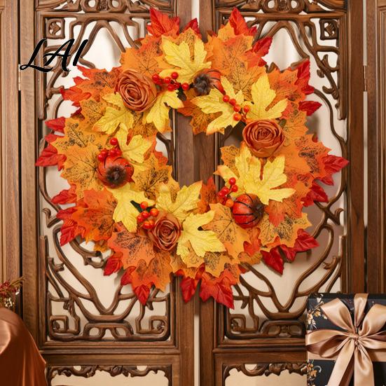 Autumn Door Decor Fall Sunflower Maple Leaf Wreath with Pumpkin Pinecone Thanksgiving Harvest Artificial Holiday Party Supplies Wreath Indoor