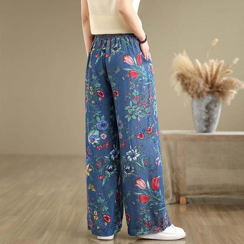 Pantaloni Dritti Larghi con Stampa Floreale Donna Autunno Vita Alta Pantaloni di Jeans Larghi per Donna Casual All-Match Jeans