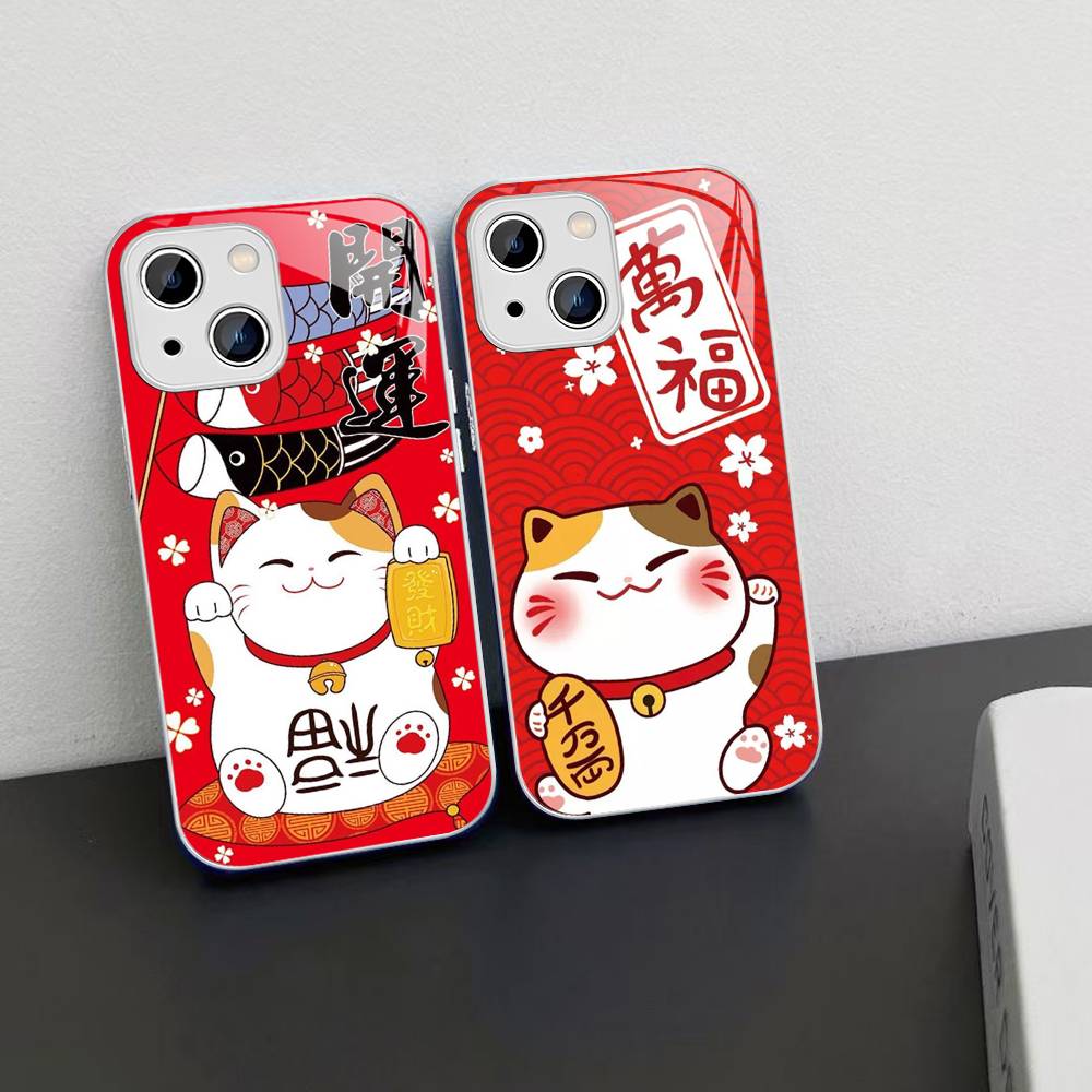 Maneki Neko Lucky Money Cat Tempered Glass For Iphone 14 13 12 11 Pro Mini XS MAX 14Plus X XS XR Cover