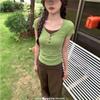 Green fake two-piece splicing front shoulder short-sleeved T-shirt women's summer new slim-fitting and thin Korean crew neck top