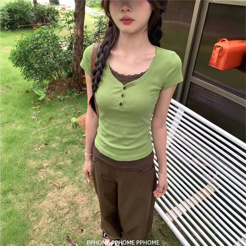 Green fake two-piece splicing front shoulder short-sleeved T-shirt women's summer new slim-fitting and thin Korean crew neck top