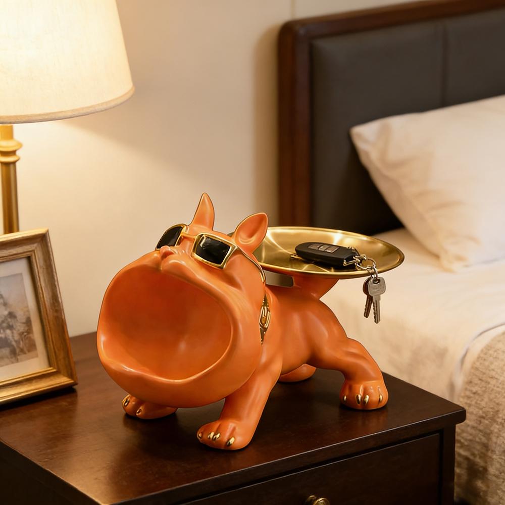 Orange Bulldog Statue Storage Tray Ornament Animal Dog Decoration Resin Craft Art Sculpture Home Decoration Gift