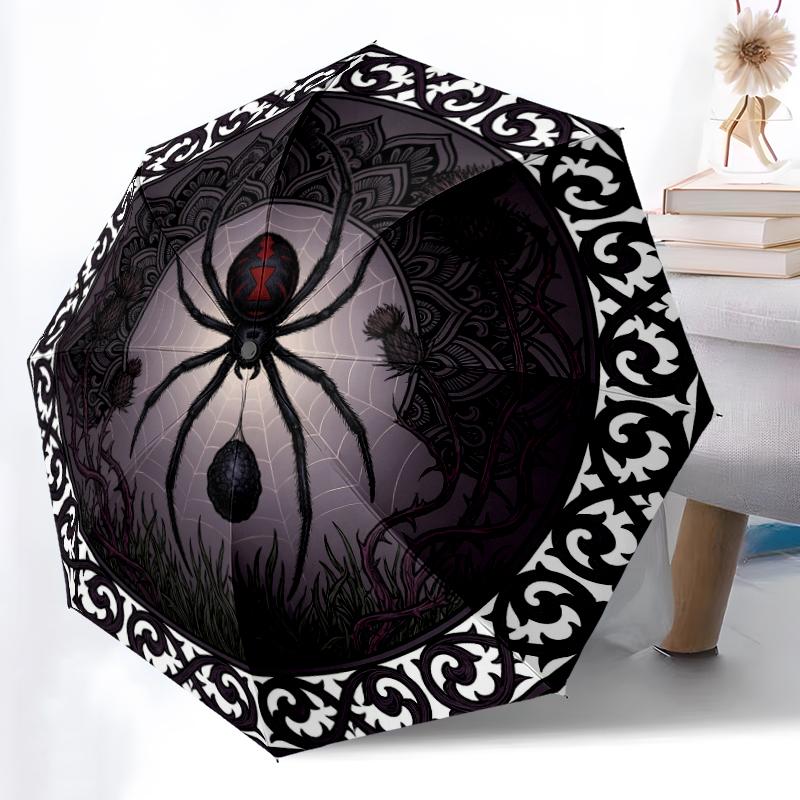 1pz Ombrello Automatico Robusto a 8 Stecche, Ombrello Dark Widow con Ragnatele Ornate, Stampato Digitalmente, Ombrello Pieghevole per Uso Esterno in Movimento