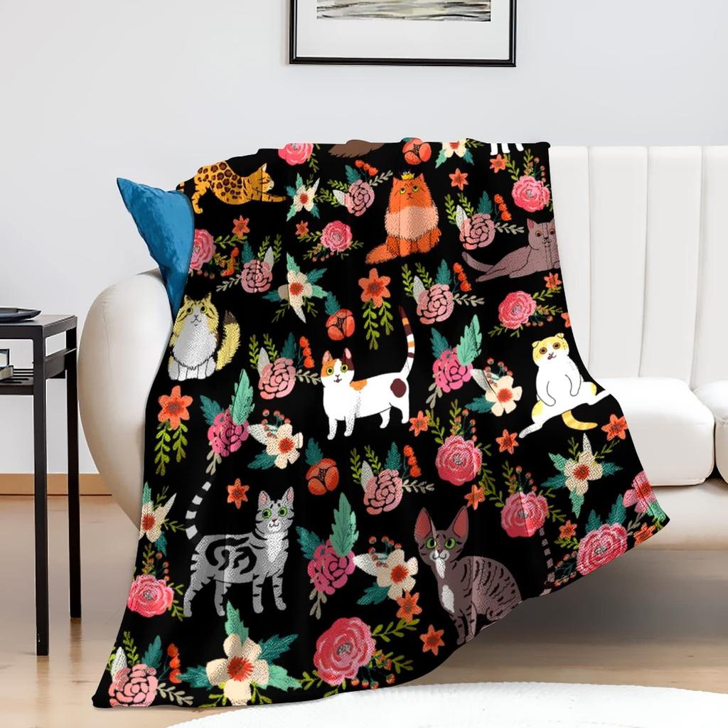 Cute Cat Flannel Blanket Multiple Sizes 2D Print Pink Face Kitty Design Soft Throw Sofa Bedroom Office Snuggle