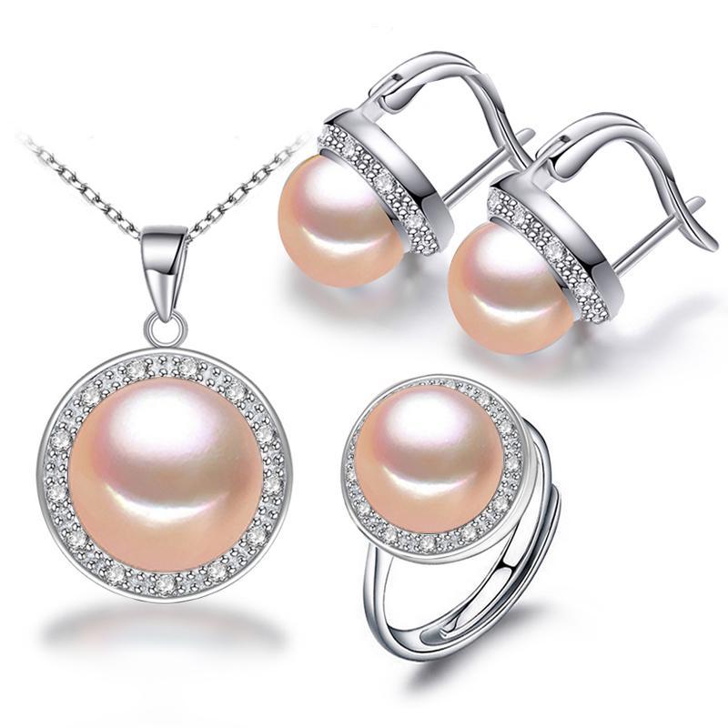 

Ювелирный набор с речным жемчугом и цирконием (серьги, ожерелье, кольцо) розовый