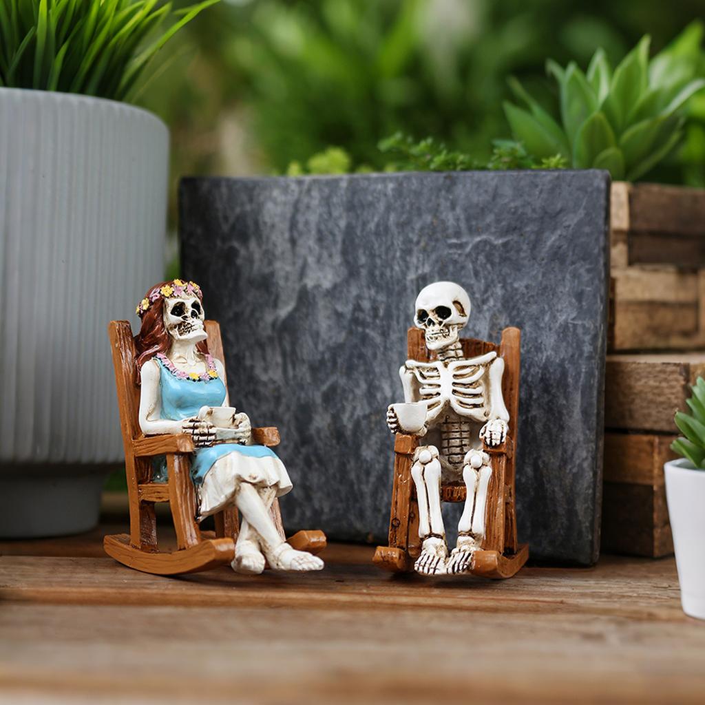 2pcs lounge chairs for coffee, skeleton couple, Halloween home decoration ornaments, Gothic outdoor garden decoration bonsai sta