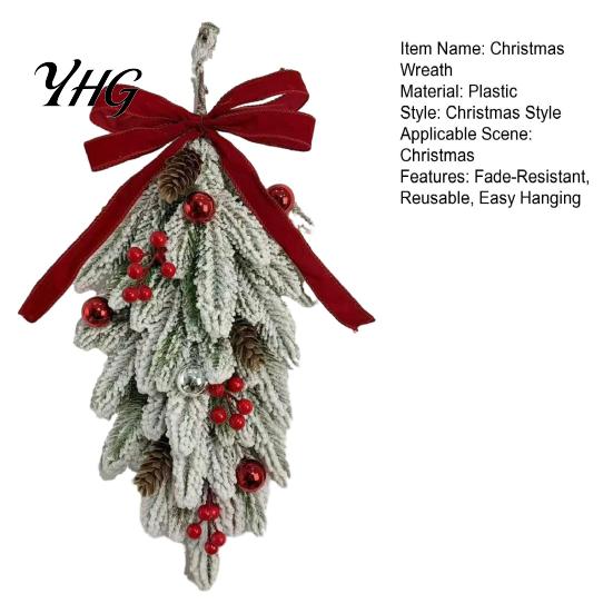 Indoor Outdoor Festive Wreath Flocked Christmas Teardrop Swag for Front Door, Artificial Pine with Red Decorations Shop Berries Velvet Bow,