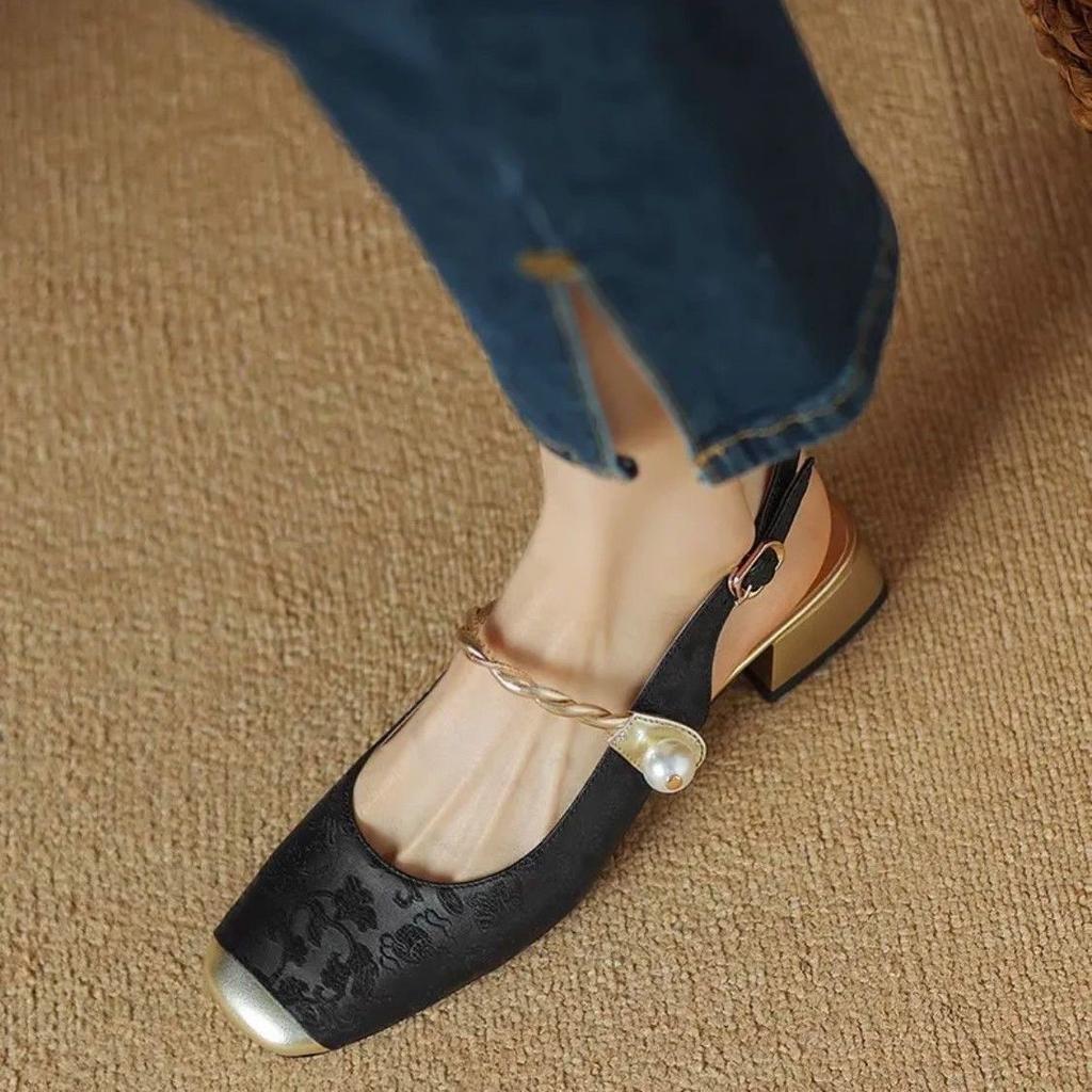 Thick heel with skirt with sandals women wear 2024 new Chinese national style fairy bag head and half slippers in summer