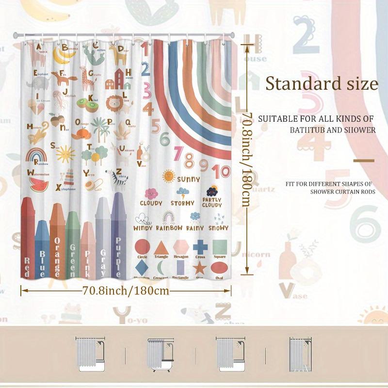 1pc Pastel Alphabet Shower Curtain - Animals, Fruits & Weather, Educational Design, Polyester, 70.8x70.8", Playful Learning