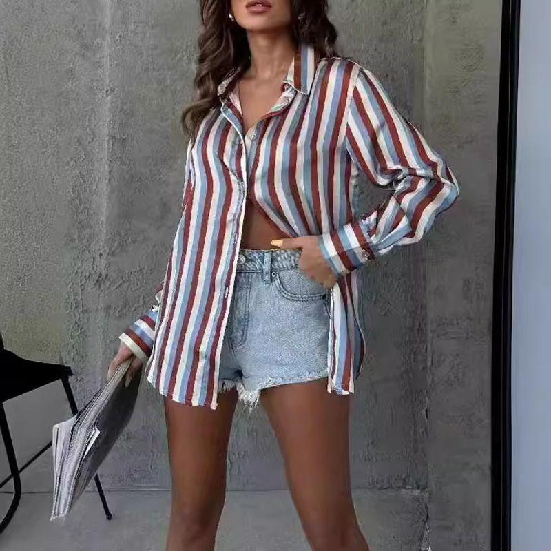 Stripe Shirt Western Style Versitile Fashion Shirt Satin Stripe Retro Temperament Long sleeve Women's Shirt