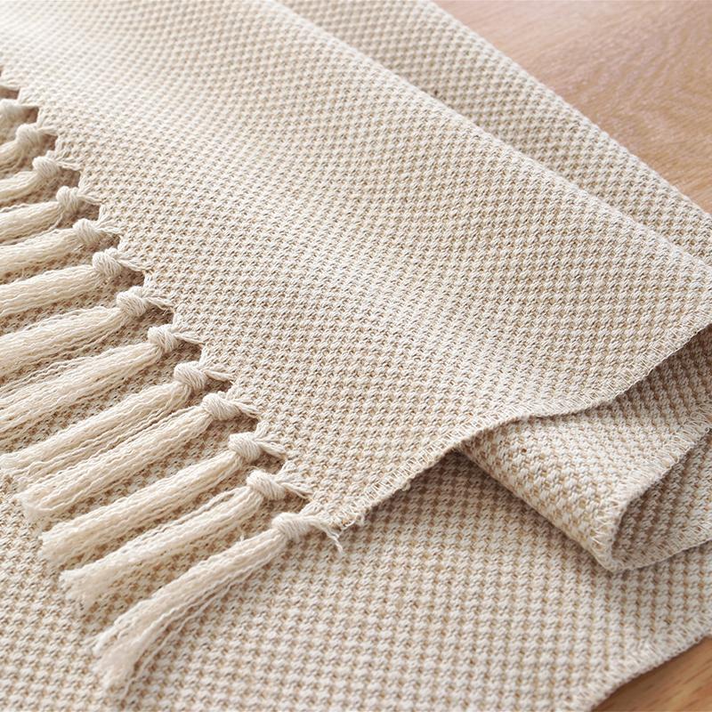 Simple Table Runner Solid Color Handmade Tassled Cotton Linen Table Runner Household Tea Table Flag