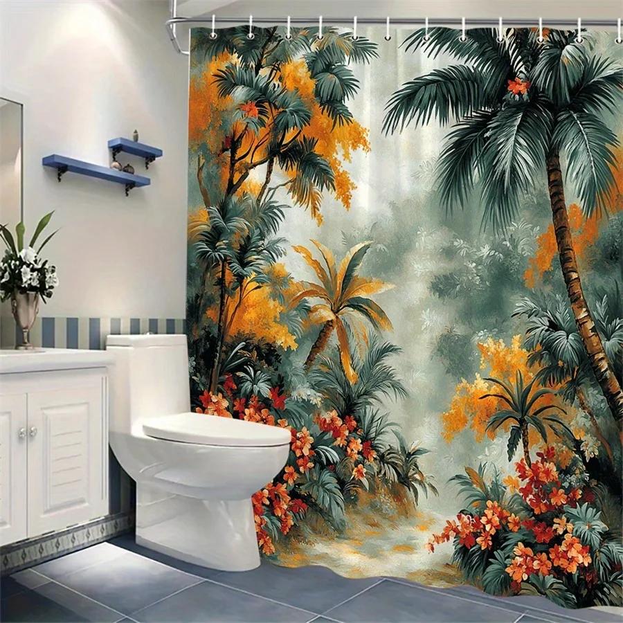 1pc Tropical Jungle Shower Curtain - Vibrant Palm Trees, Hibiscus Flowers & Colorful Blossoms Design, Durable Polyester Fabric,