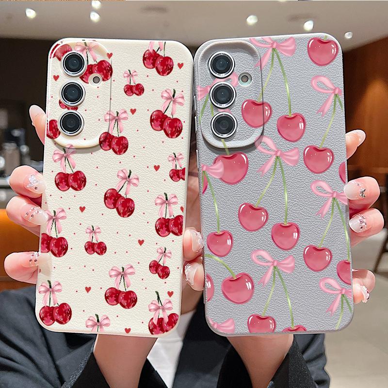 Cherry Bowknots Print Case For Samsung S26 Ultra S25 A18 S24 S23 S22 S21 FE A15 A16 A17 A35 A36 A37 A54 A55 A56 A57 Leather Texture Silicone Cover