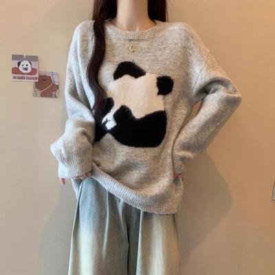 Women's Panda Jacquard Crewneck Sweater for Loose Autumn and Winter Style Slouchy Base Knit Top
