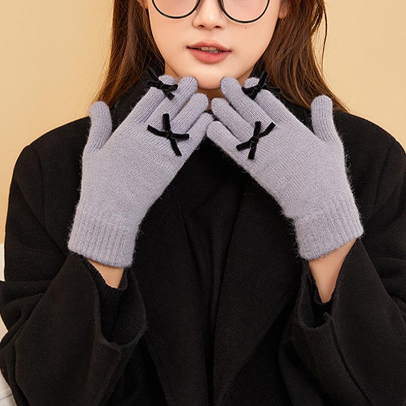 Five-finger Solid Color Warm Knitted Gloves for Women Bow-knot Cold-proof Gloves