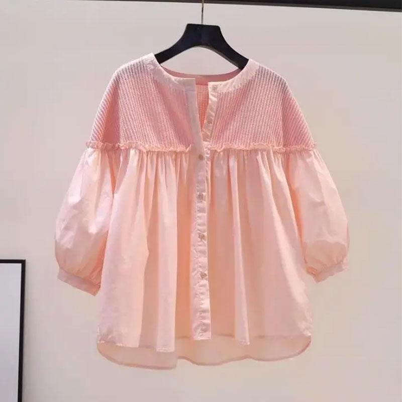 Süßes Casual 3/4-Ärmel-Shirt Koreanisch Gestrickt Patchwork Sommer Essbarer Baum-Pilz Damenbekleidung Einreihig O-Ausschnitt Bluse