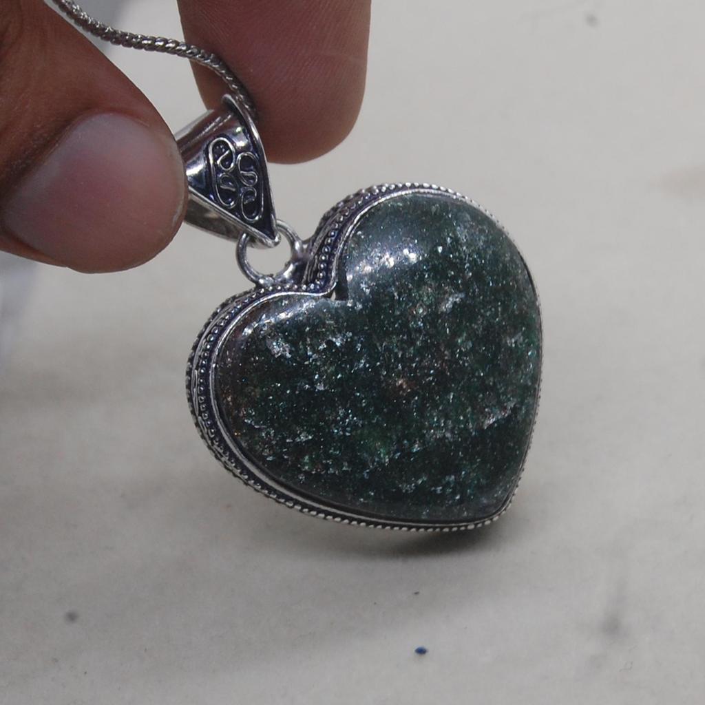 Heart Shape Green Seraphinite 925 Sterling Silver Pendant Jewelry, Artisan Boho Style Seraphinite Pendant
