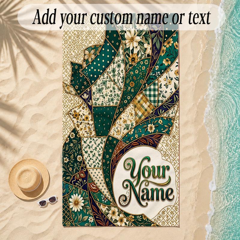 Quilt Theme Soft Beach Towel Personalized Custom Name Text Towel Portable for Beach Pool Travel