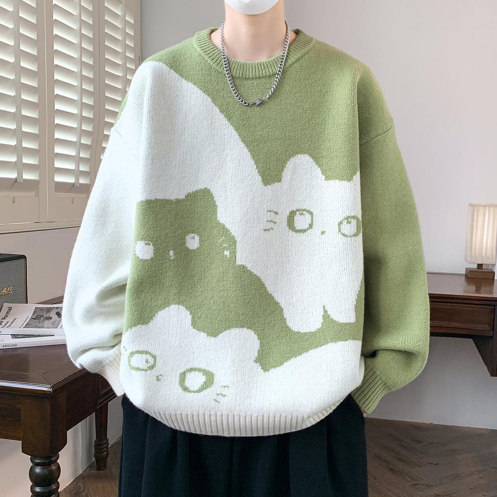 Cartoon Katze Strickpullover Herren Herbst/Winter Warmer Strickpullover Herren Pullover Hauskleidung