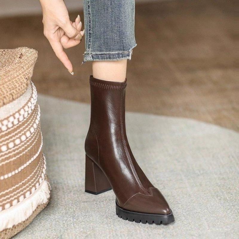 Block Heel Skinny Boots Fall Winter New Pointed Toe Way Leather Back Zip Platform Non-Slip Booties
