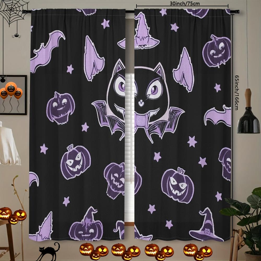 2pcs Halloween Pumpkin & Bat Blackout Curtains - 30"x75" Pocket-Sized Rod Installation, Digital Print Polyester, Machine Washabl