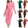 Women's Fashion Temperament Solid Color Long Sleeve Binding Slit Long Dress