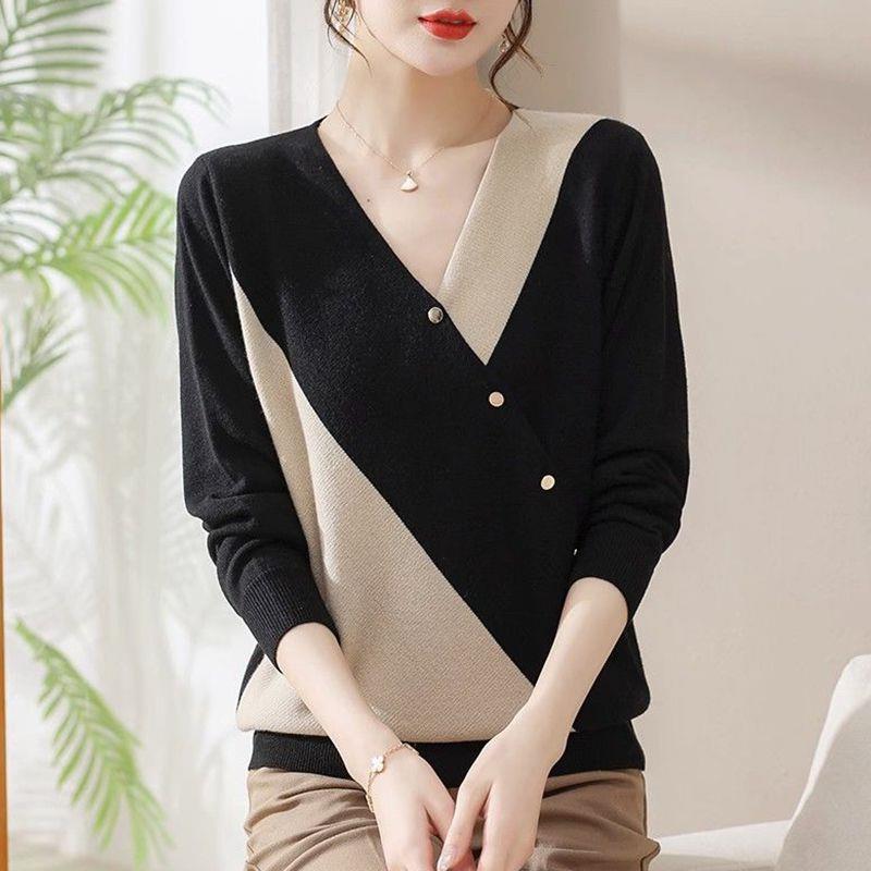 

Вязаная базовая рубашка женская осенняя одежда новая свободная с цветными блоками V-образный вырез с длинным рукавом свитер омолаживающий скрывающий живот универсальный One Size