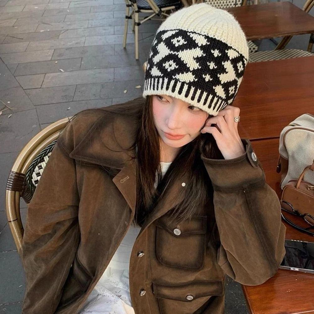 Warm Beanies Grid Printing Knit Cap Sweet Jacquard Knitted Hat Girls