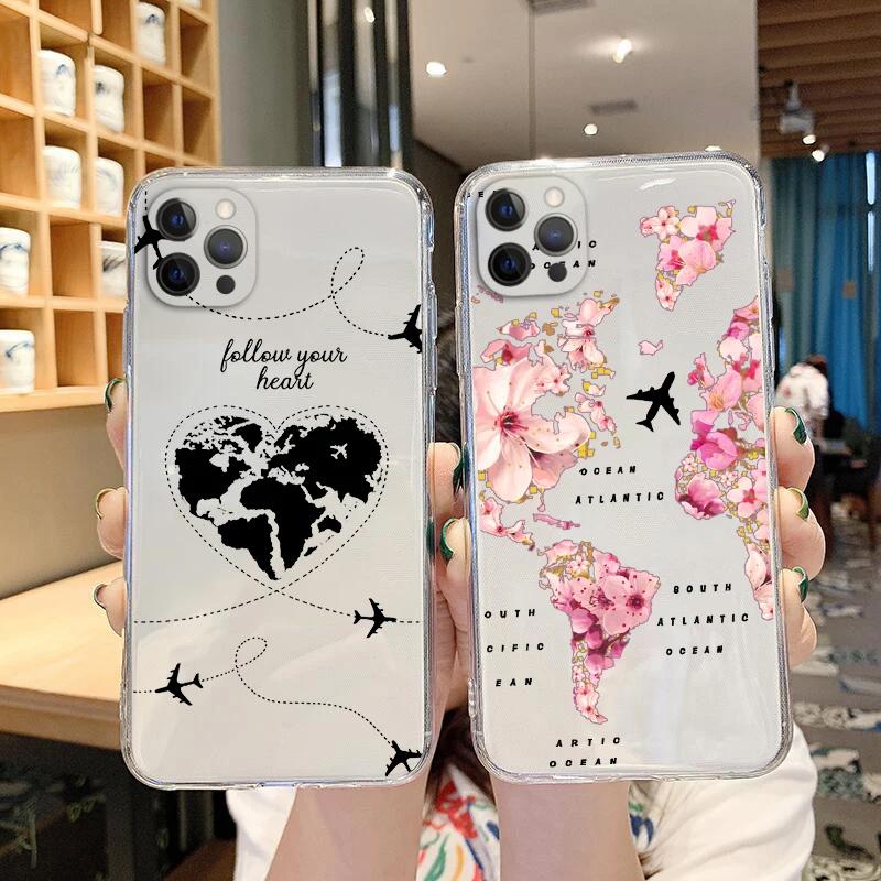 World Map Travel Couple Phone Cover For iPhone 15 14 13 12 11 Pro Max Mini XS XR X 7 8 Plus Cover Shell Silicone Paired Fundas