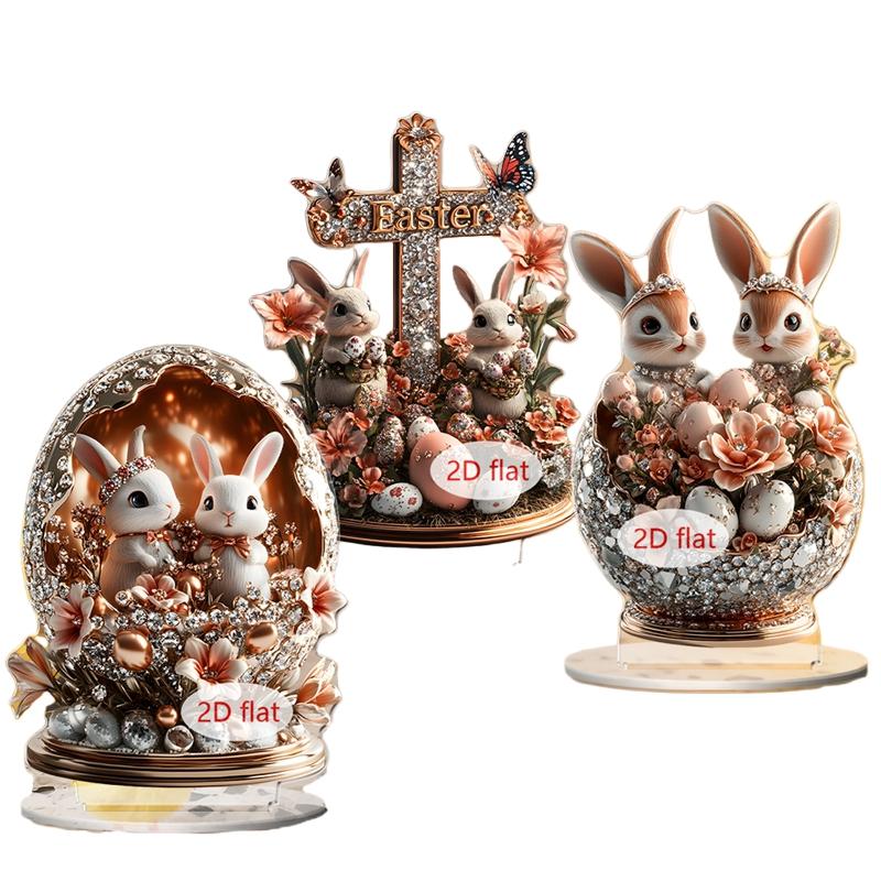 1PC Easter Cute Rabbit Decorations Colorful 2D Flat Acrylic Ornaments Bunny Eggs Desktop Easter Theme Home Decoration