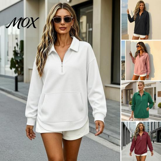 Women Waffle Sweatshirt Half-zip Sweatshirt, Long Sleeve Pullover Top with Kangaroo Skin Friendly Pocket, Loose Fit Casual Lapel for Fall Winter