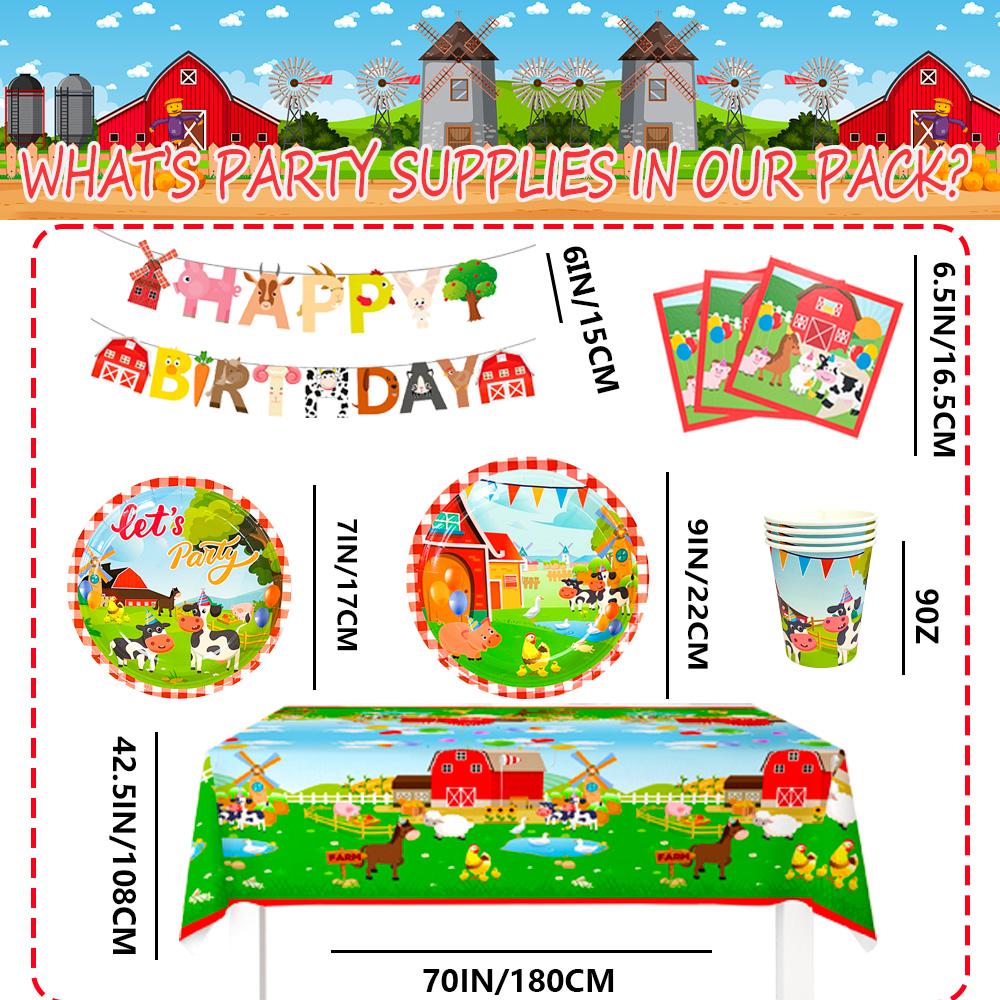 130 Stück Bauernhof Tiere Tischgeschirr für Kinder, Bauernhof Geburtstag Dekorationen Tischgeschirr Set - Bauernhof Party Teller Becher Servietten Tischdecke Banner etc.