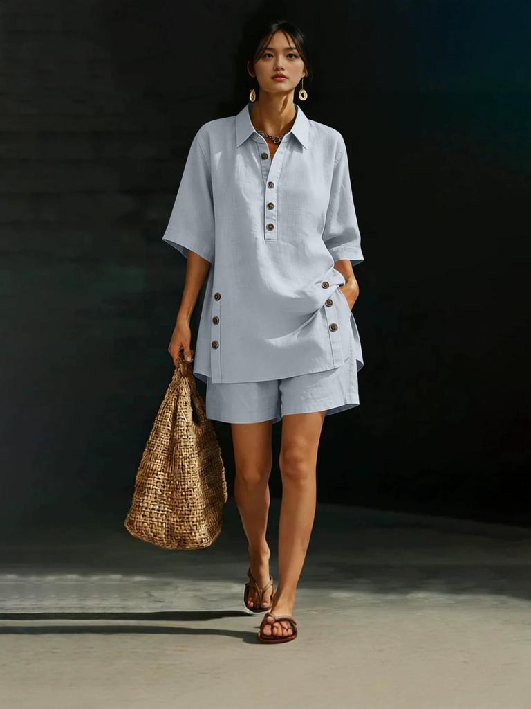 Women's Linen Two-Piece Set: Short-Sleeve Shirt & Loose Pants (2026)