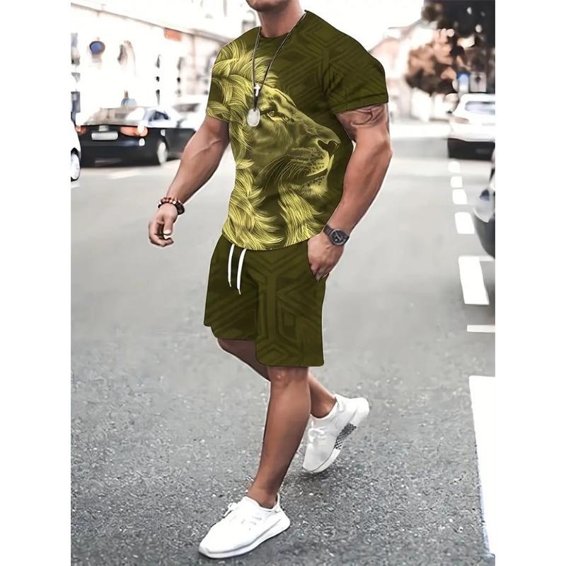 Sommer Herren Löwenmuster Kurzarm Rundhals Atmungsaktives T-Shirt Shorts Anzug Neuer Herren Temperament Streetwear Anzug