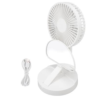 USB Desktop Fan Foldable Rechargeable Battery Makeup Mirror Function Bottom Silicone 3 Speeds White Mini Fan