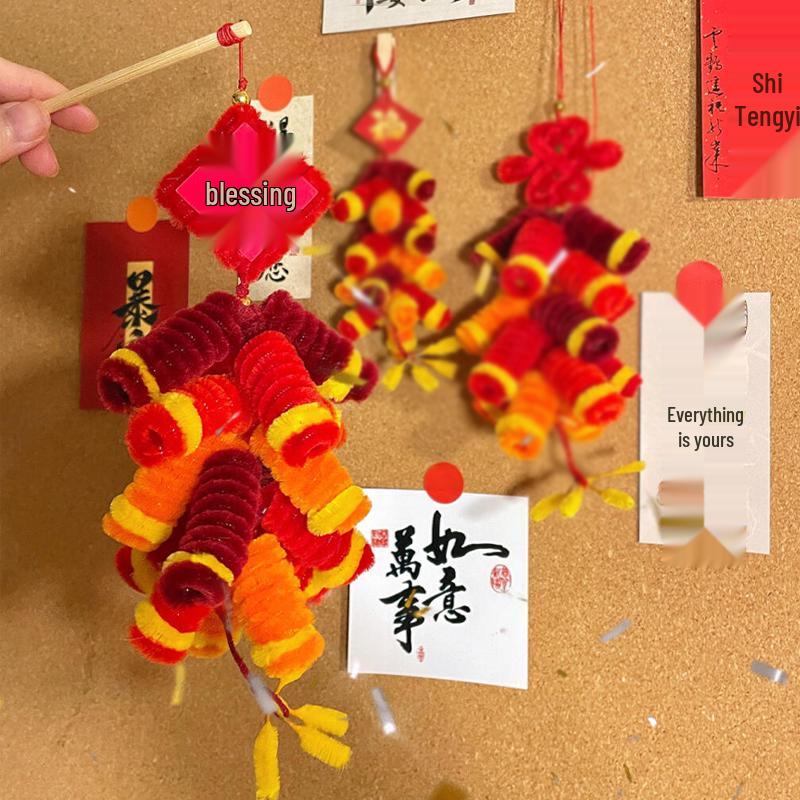 New Year DIY Lantern & Firecracker Ornament Kit - Pipe Cleaner & Chinese Knot Materials