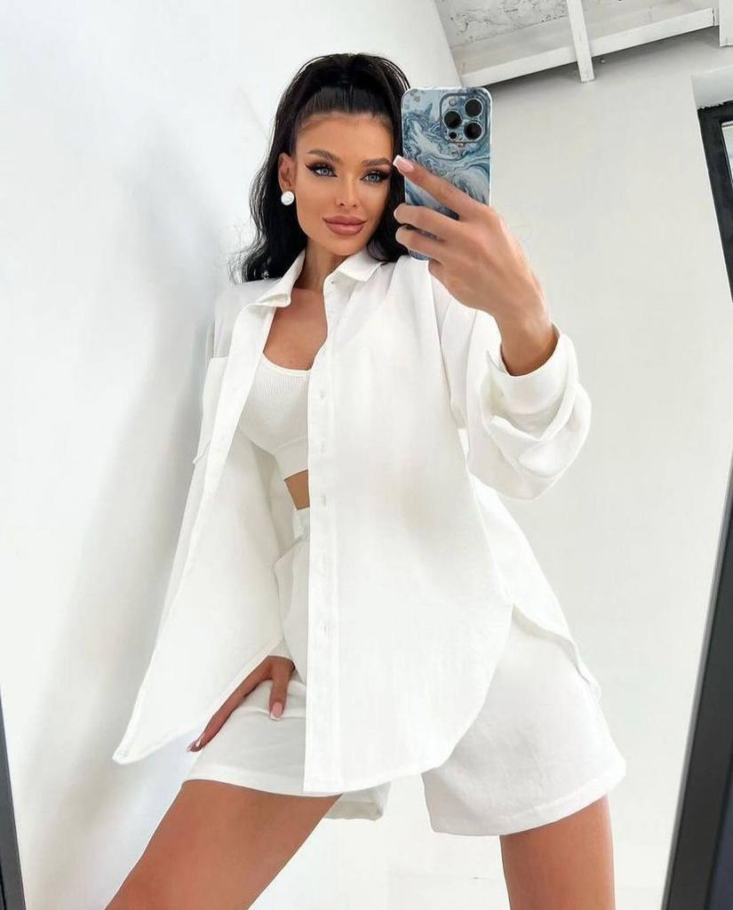 Casual Fashion Solid Color Women's Shirts Puff Sleeves Elegant Tops Shorts Casual Suit