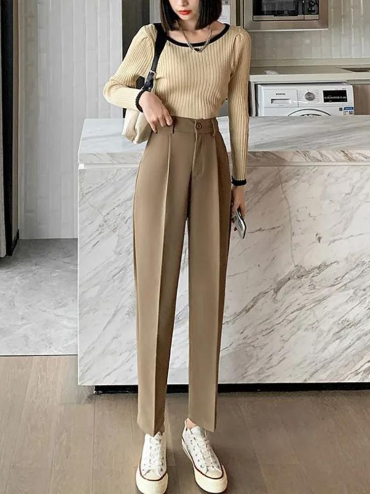 Dame Mote Rette Dressbukser Høy midje Kontorklær Elegant Formell Blyantbukse Damer Koreansk Allsidig Baggy Bukse