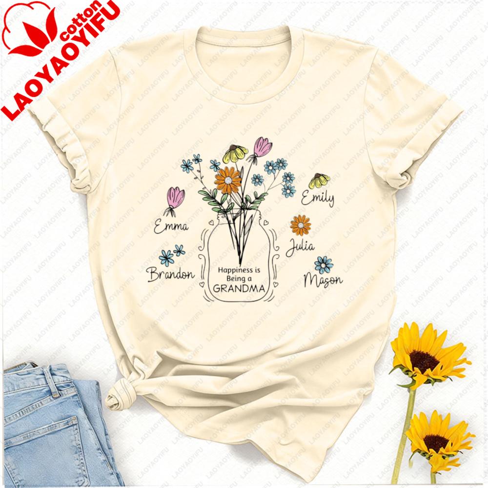 Custom Floral Grandma Nana Cotton TShirt with Grandkids Name Gift for Grandma Mothers Day Tee Personalized Grandma Shirt Tops