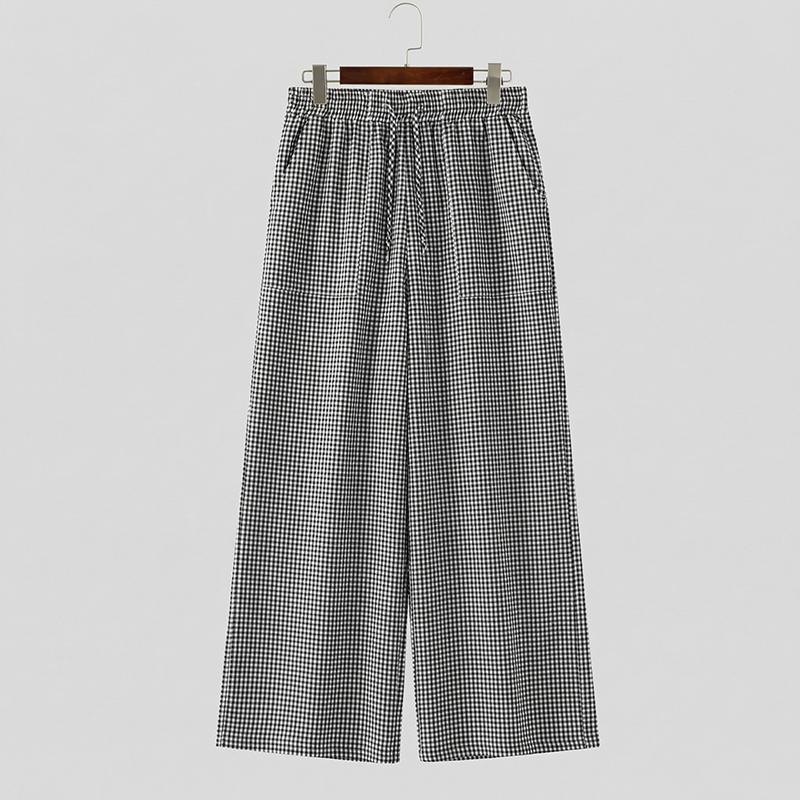INCERUN Men Drawstring Elastic Waist Plaid Print Casual Long Wide Leg Pants Trousers S