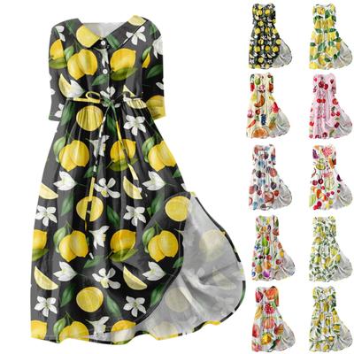 Women's Fashion Printed Flip Collar Button Up 3/4 Sleeve Strap Dress