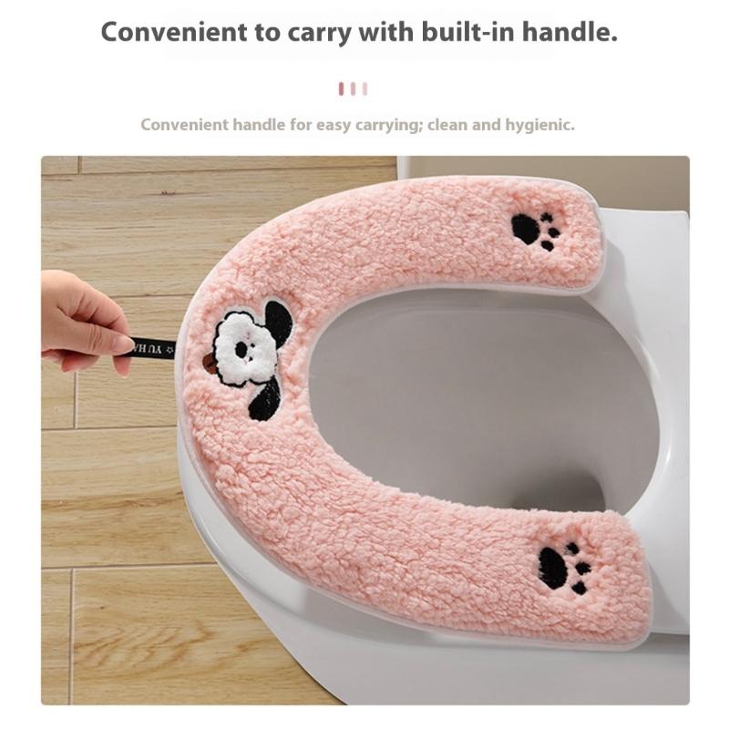 Winter Toilet Seat Cover With Handle Soft Fleece Waterproof Leather Universal Fit Cute Bathroom Accessory