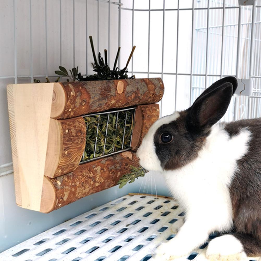 Rabbit Natural Wooden Grass Shelf 304 Stainless Steel Net Hay Dispenser Hanging Hay Feeder For  Guinea Pig