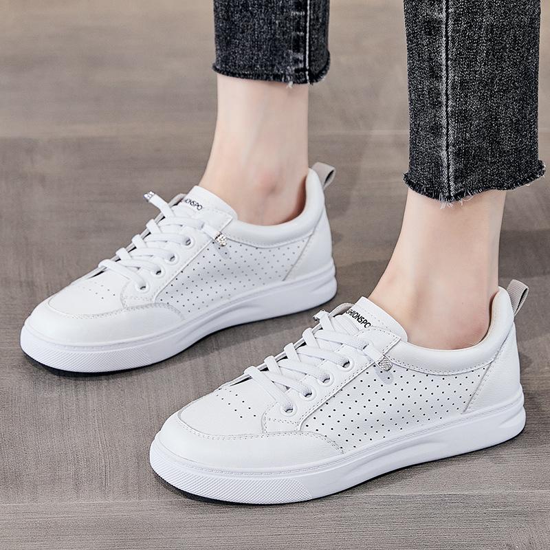 The First Layer of Cowhide Breathable Leather Little White Shoes Women's New Summer Hollowed-out One-pedal Flat-soled Casual Board Shoes