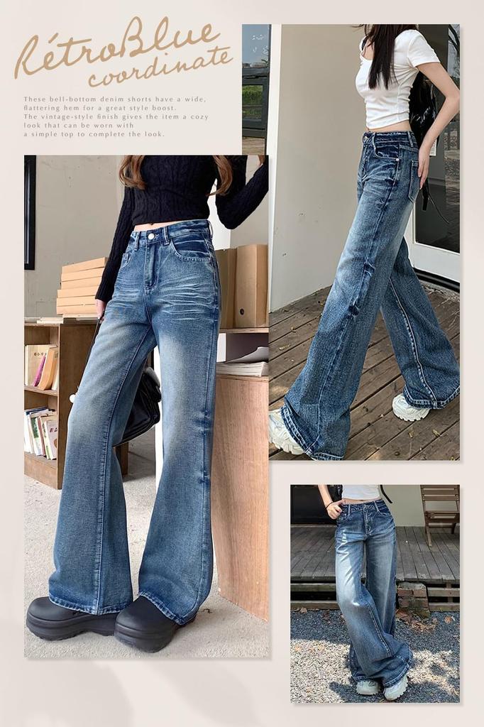 MITOTOMI Women's Wide Leg Bootcut Bell-Bottom Flared Denim Pants (JP, Alphabet, S)