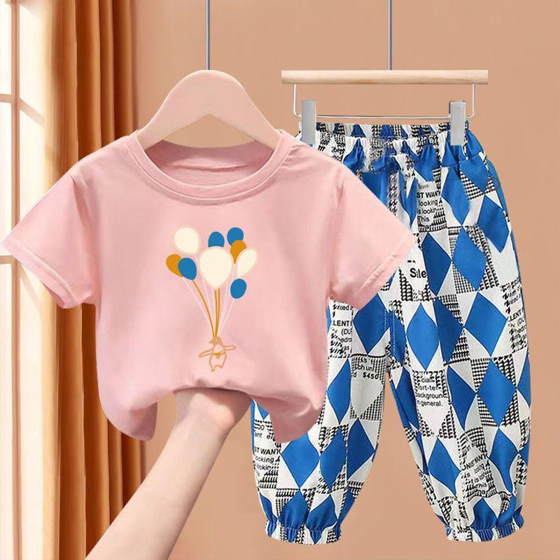 New Boys' Short Sleeve Set Medium and Small Girls' T-shirt Two Piece Set
