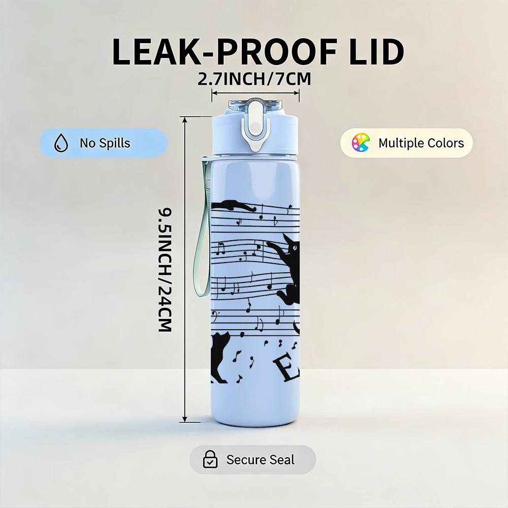 1PC Musical Note Black Cat 750ml Color Plastic Sports Water Bottle Leakproof Flip Straw Lid For Sports Office Home Use