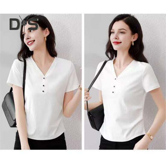 Damen T-Shirt mit V-Ausschnitt und Knöpfen, kurzärmelig, schmale Passform, weich, elastisch, Pullover, Oberteile für den Pendlerstil
